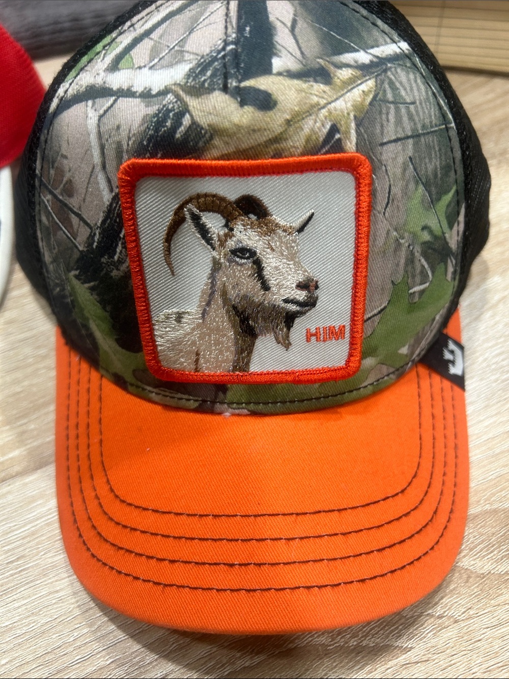 Goorin Bros Orange & Camo Goat Patch Trucker Hat